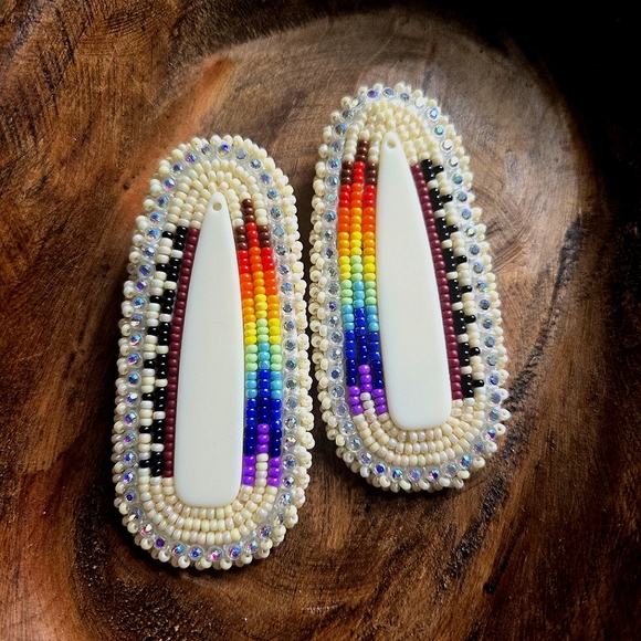 Handmade Navajo beaded pow wow earrings, rainbow & basket design - Picture 2 of 12